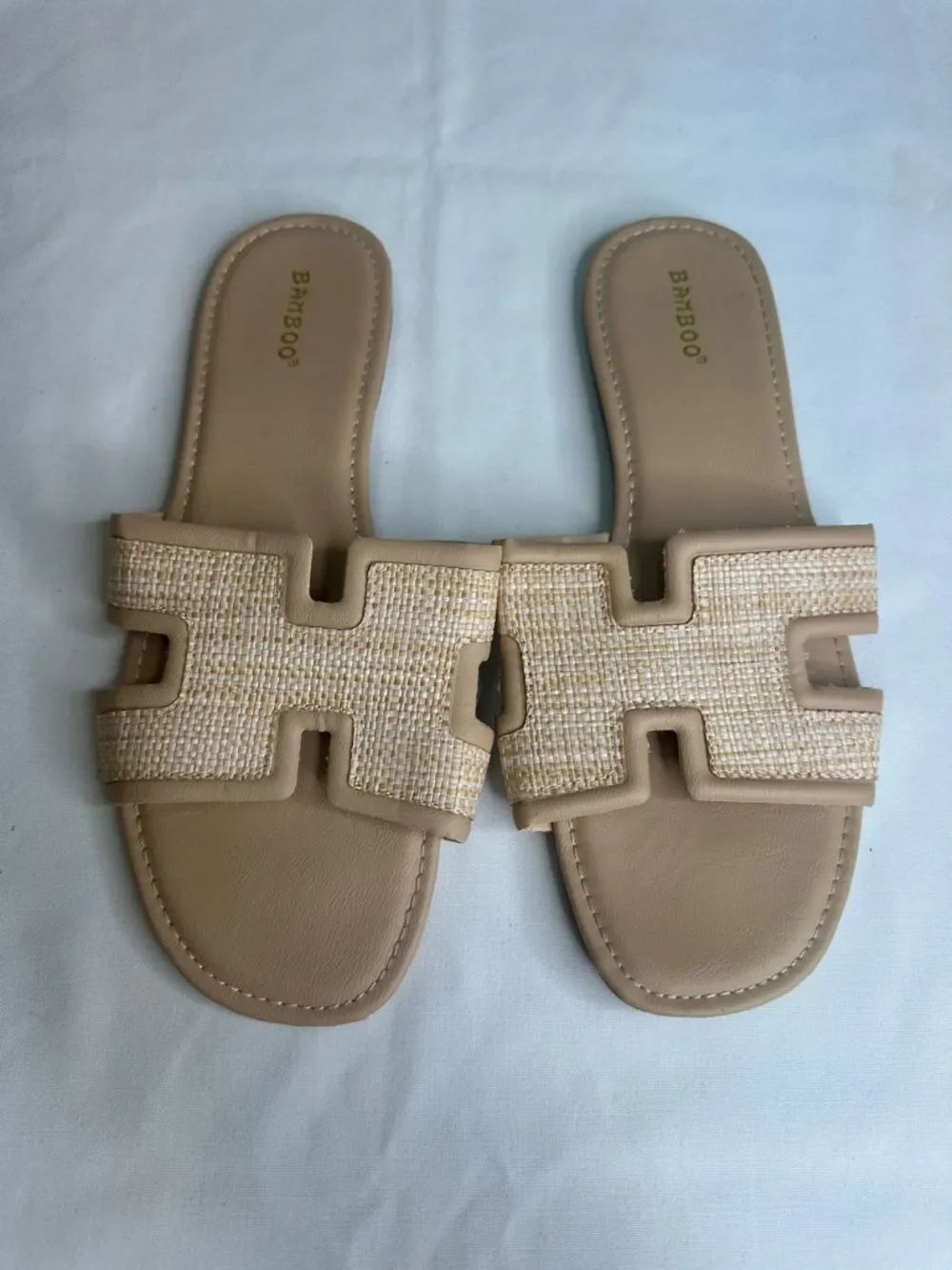 BAMBOO Tan Woven Raffia Slide Sandals